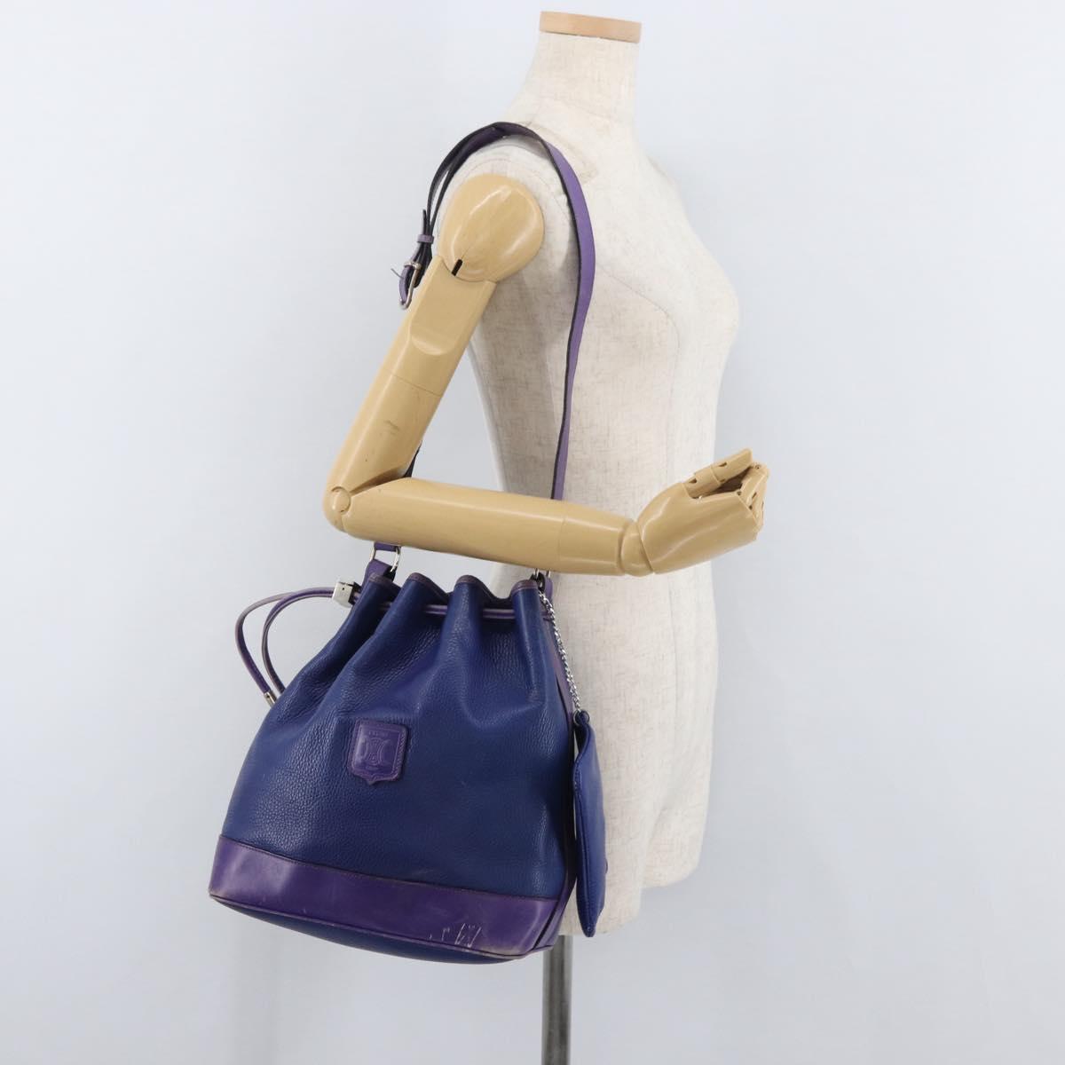 CELINE Shoulder Bag Leather Blue Silver Auth 177062