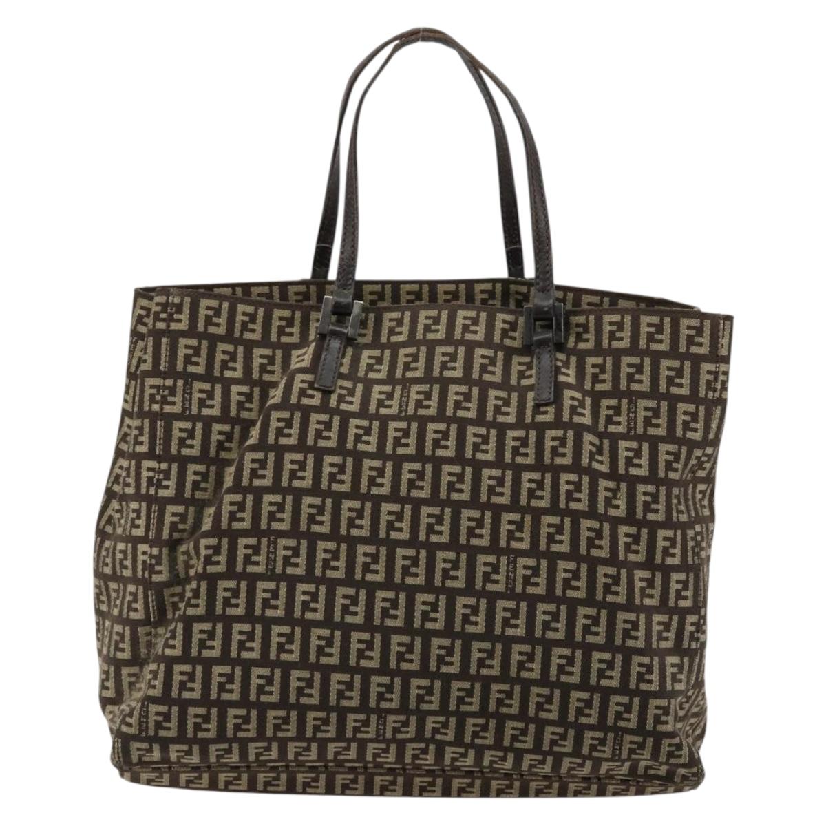 FENDI Zucchino Canvas Hand Bag Brown Silver Auth 177119