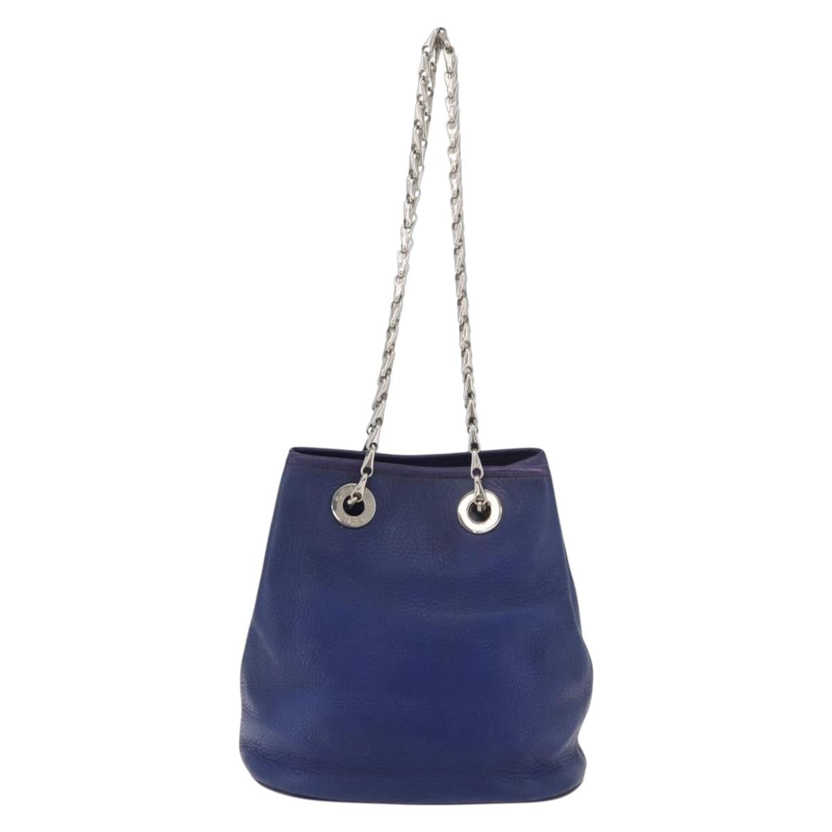CELINE Chain Shoulder Bag Leather Blue Silver Auth 177125A