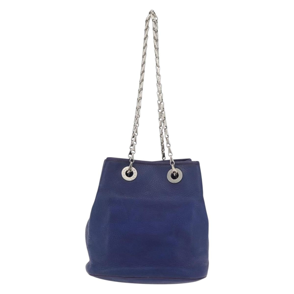 CELINE Chain Shoulder Bag Leather Blue Silver Auth 177125A