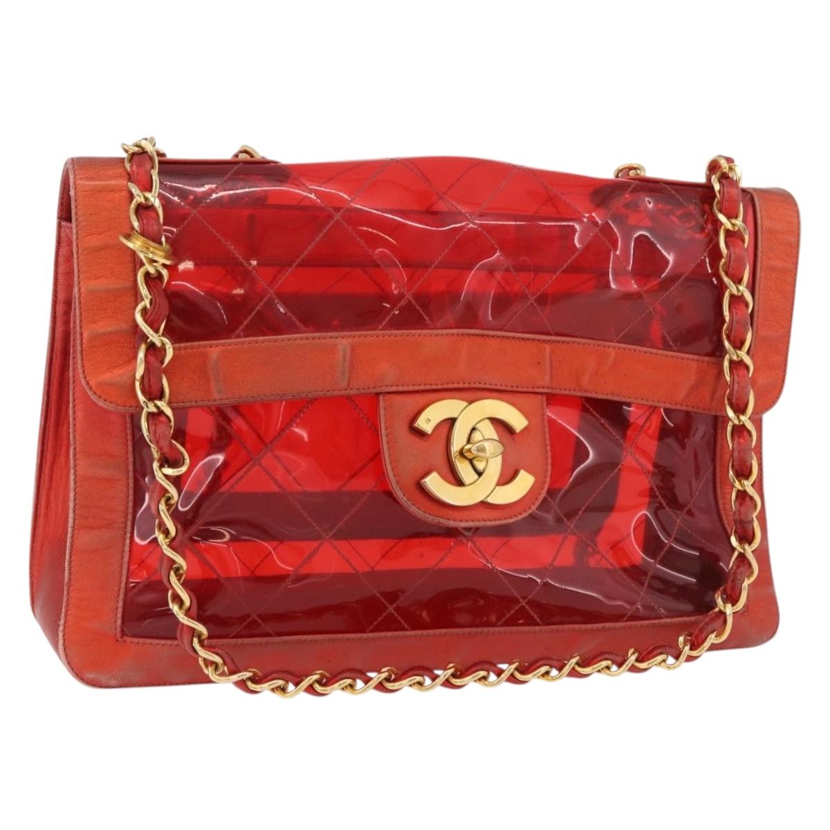 CHANEL Matelasse Chain Shoulder Bag Vinyl Red Gold CC Auth 177136A