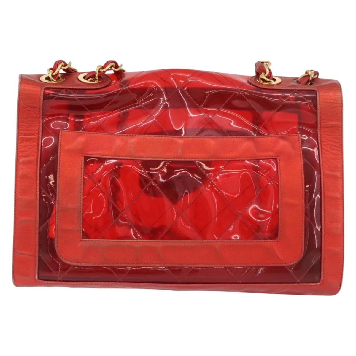 CHANEL Matelasse Chain Shoulder Bag Vinyl Red Gold CC Auth 177136A