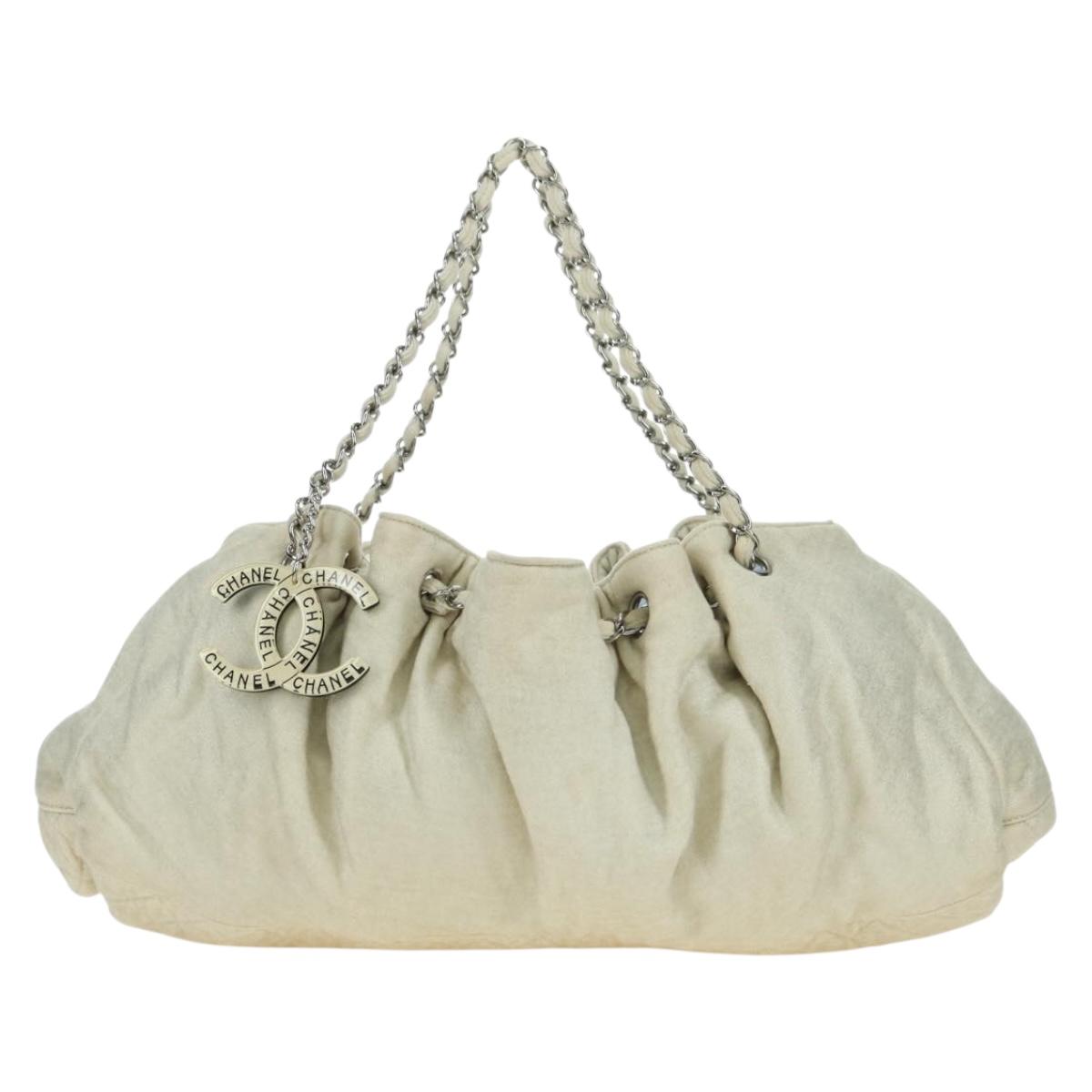 CHANEL Chain Melrose Cabas Shoulder Bag Canvas Beige Silver CC Auth 177138V