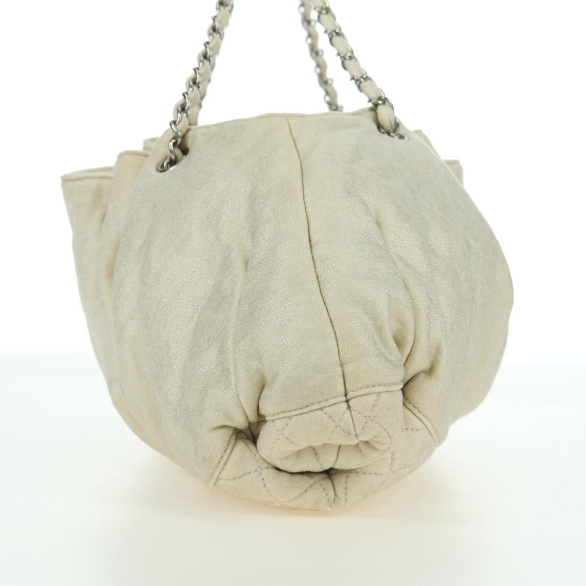 CHANEL Chain Melrose Cabas Shoulder Bag Canvas Beige Silver CC Auth 177138V