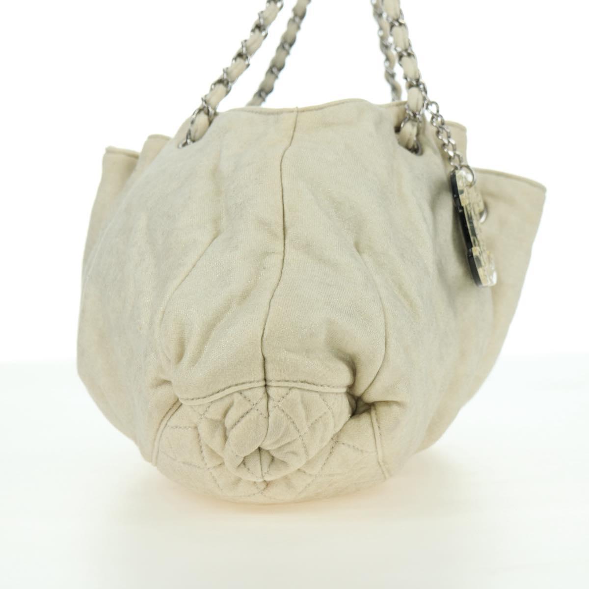 CHANEL Chain Melrose Cabas Shoulder Bag Canvas Beige Silver CC Auth 177138V