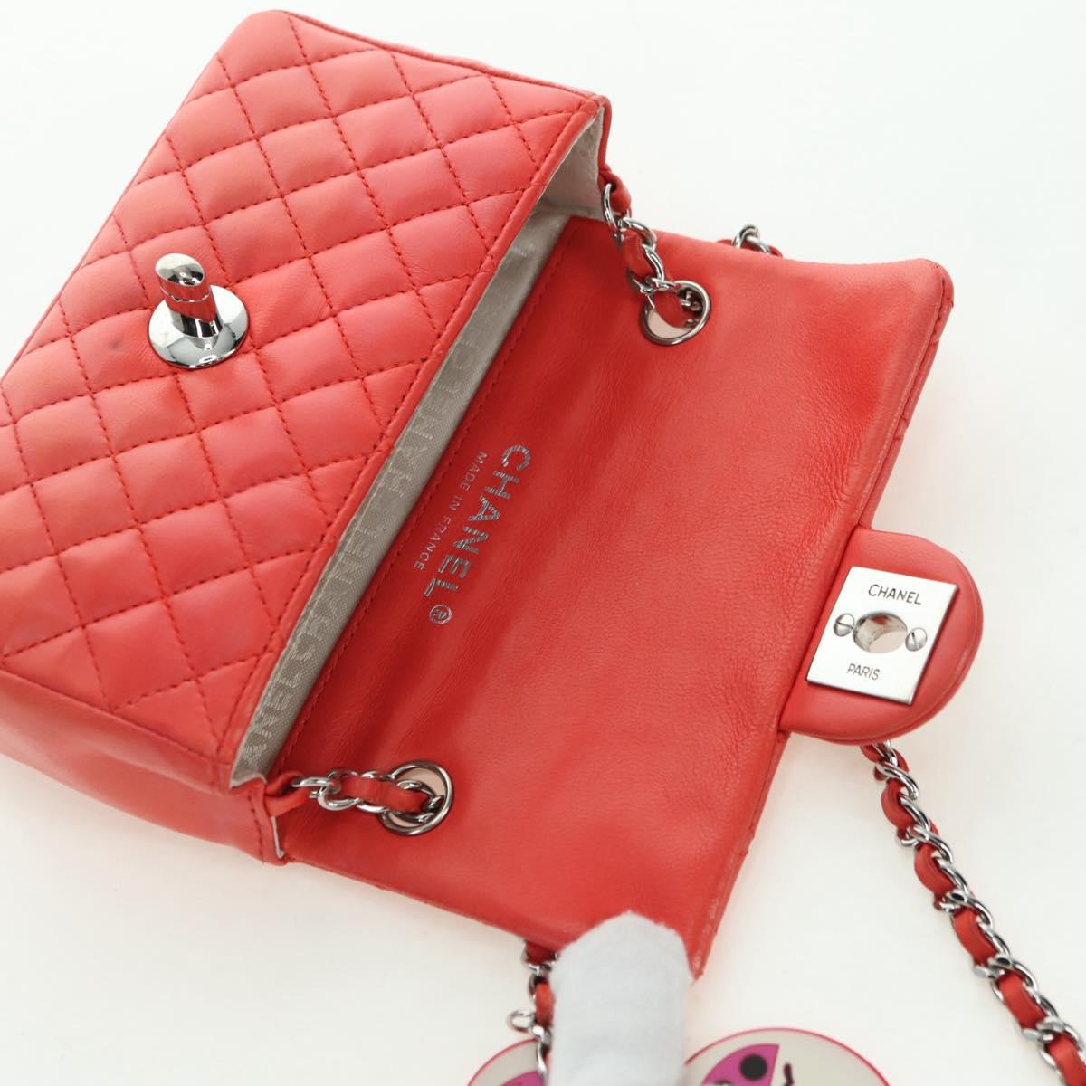 CHANEL Mini Matelasse 14 Chain Bag Lamb Skin Red Silver CC Auth 177139SAM