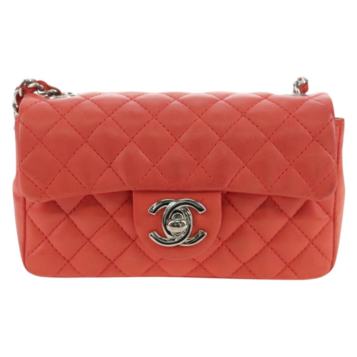 CHANEL Mini Matelasse 14 Chain Bag Lamb Skin Red Silver CC Auth 177139SAM