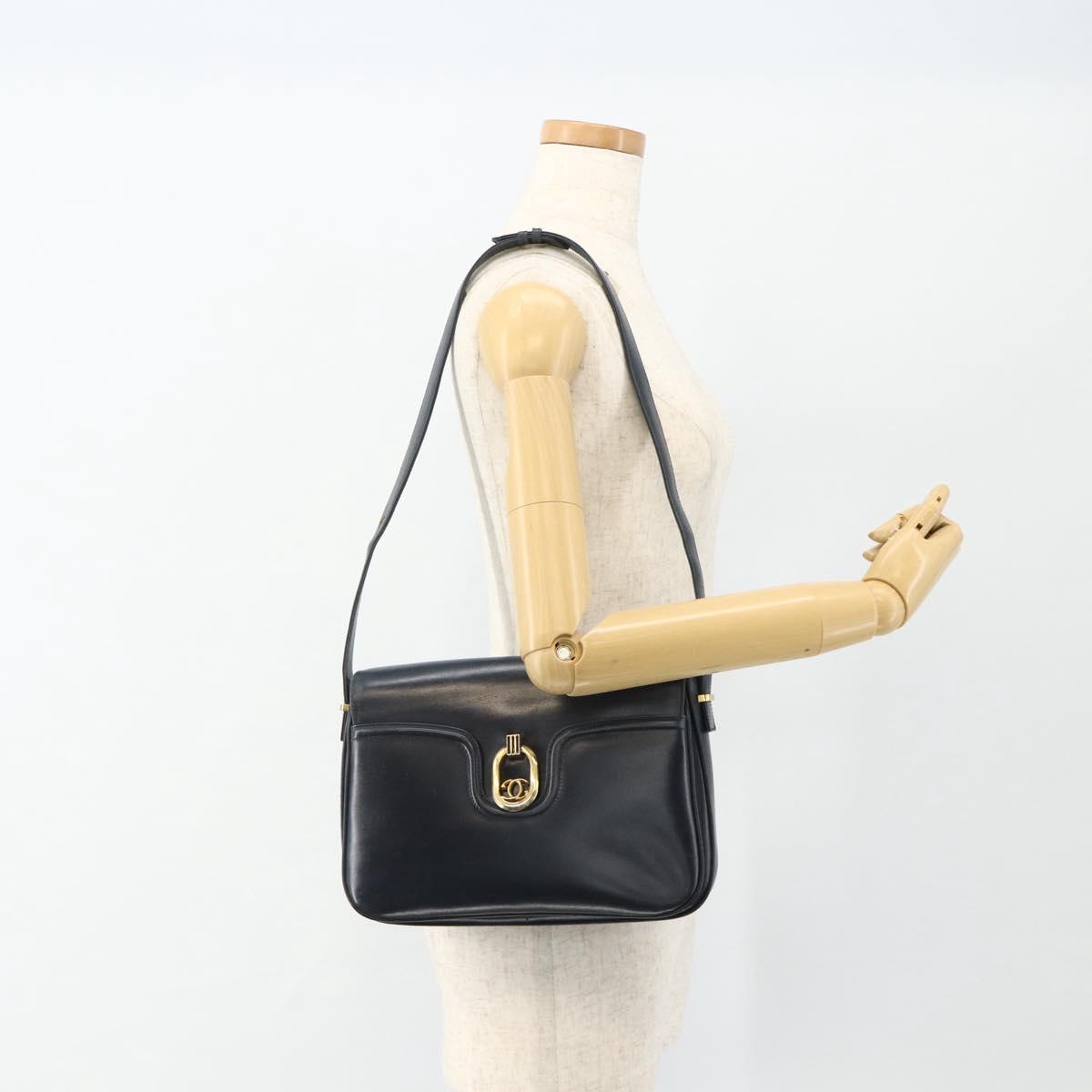 GUCCI Shoulder Bag Leather Navy Gold Auth 177154