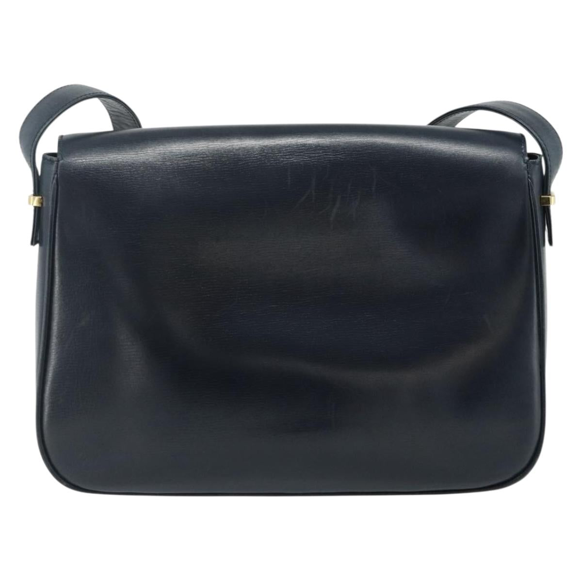GUCCI Shoulder Bag Leather Navy Gold Auth 177154