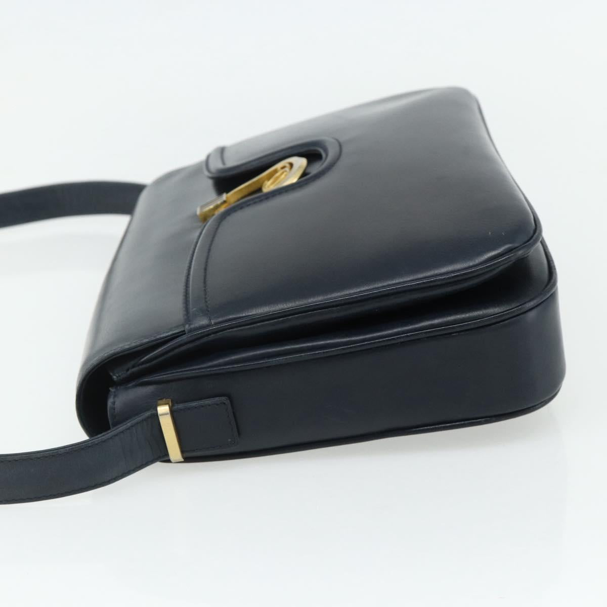 GUCCI Shoulder Bag Leather Navy Gold Auth 177154