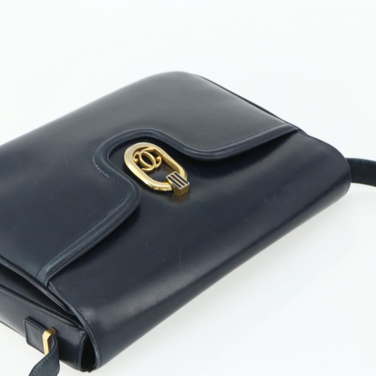 GUCCI Shoulder Bag Leather Navy Gold Auth 177154