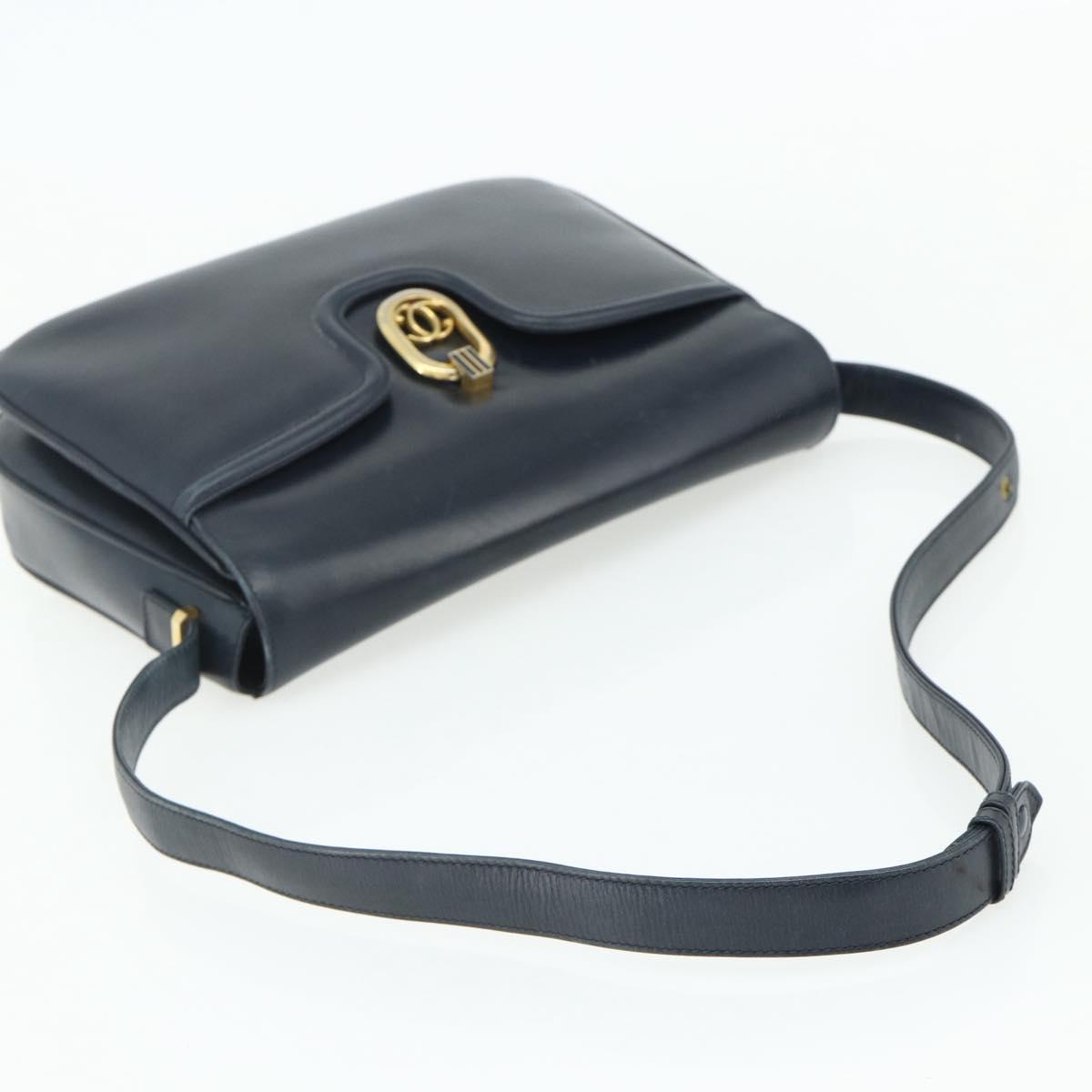 GUCCI Shoulder Bag Leather Navy Gold Auth 177154
