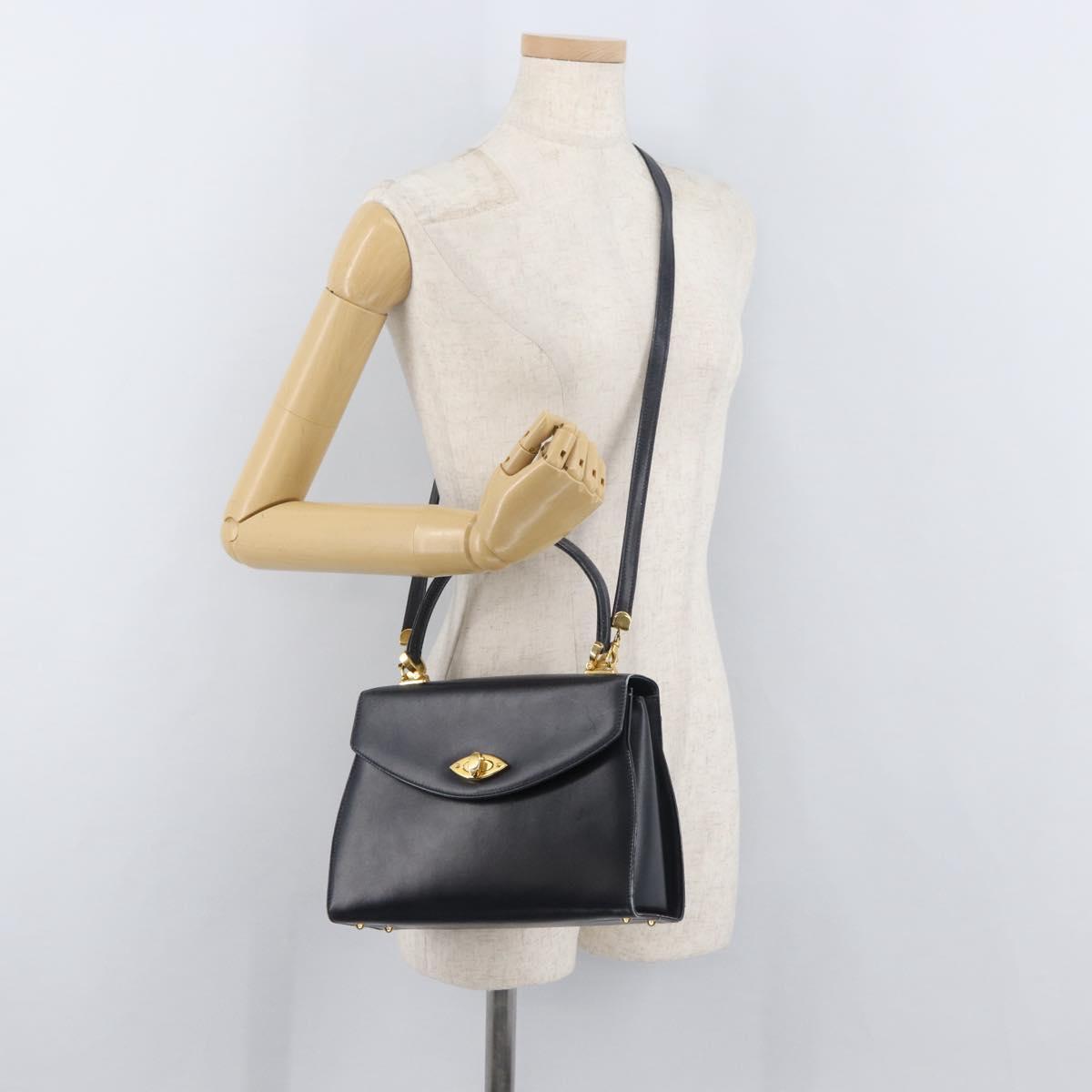 BALLY Hand Bag Leather 2way Navy Gold Auth 177155A