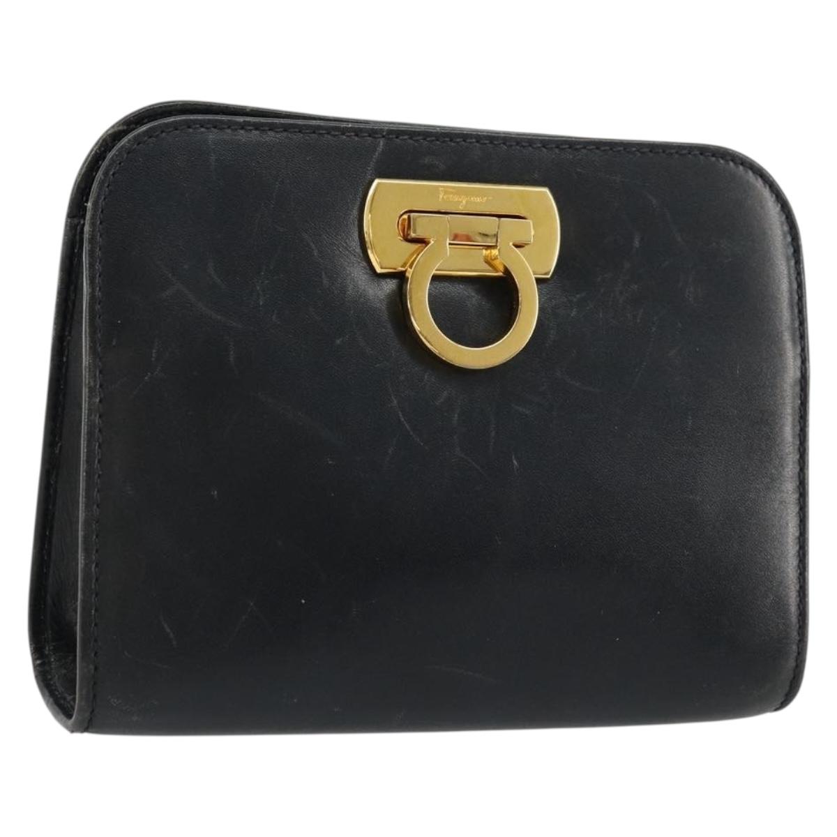 Salvatore Ferragamo Gancini Shoulder Bag Leather Navy Gold Auth 177157