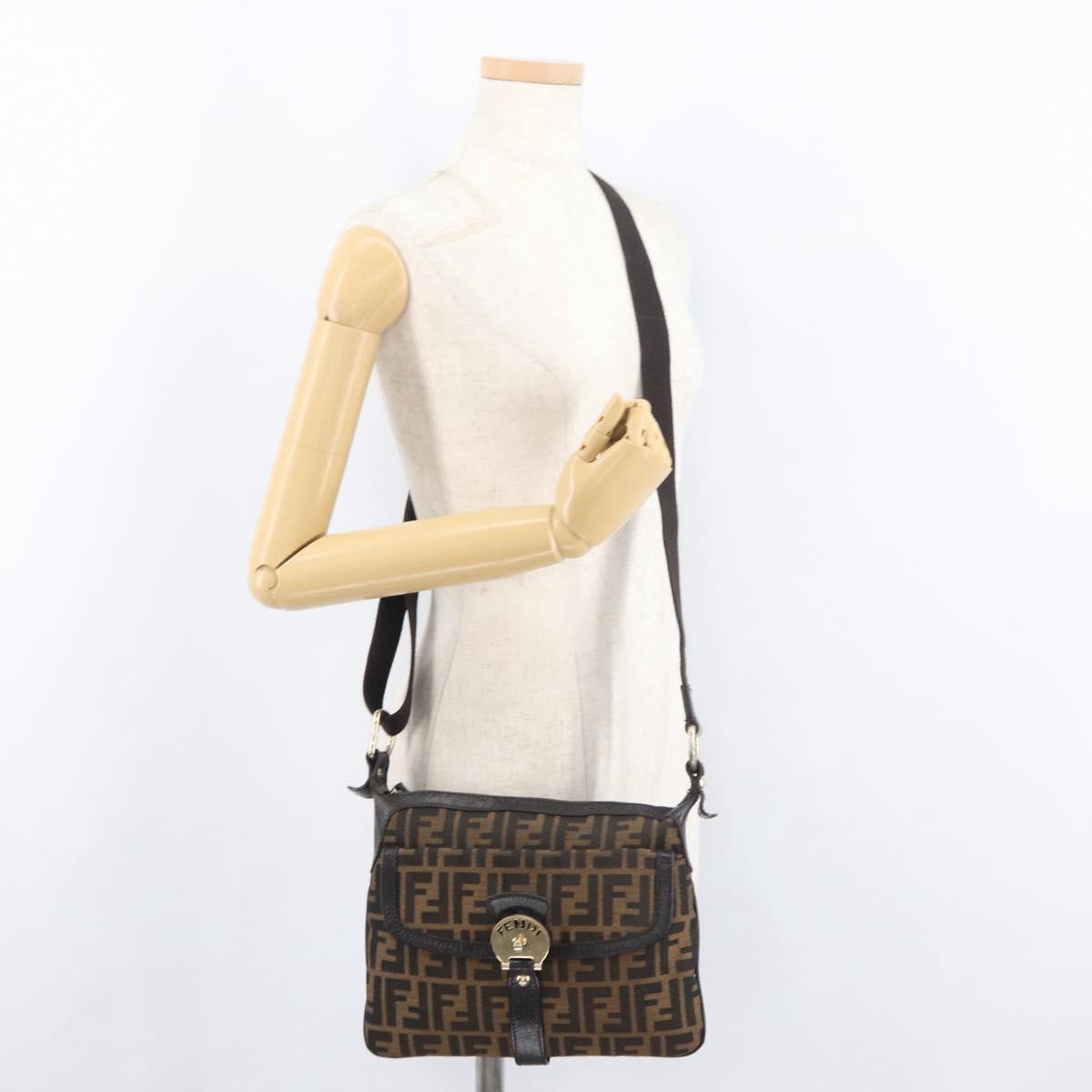 FENDI Zucca Canvas Shoulder Bag Black Brown Auth 177159A