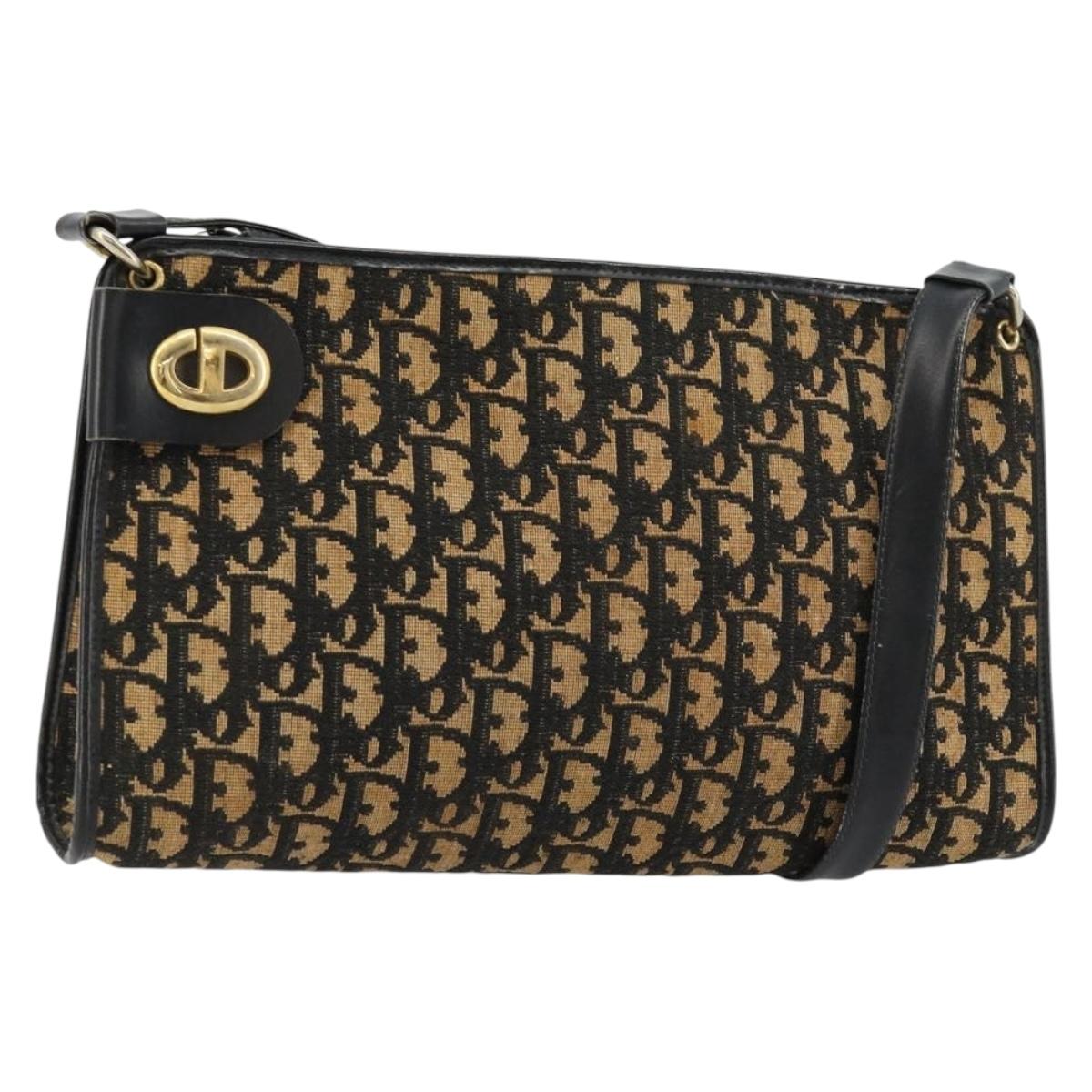 Christian Dior Trotter Canvas Shoulder Bag Navy Gold Auth 177193A