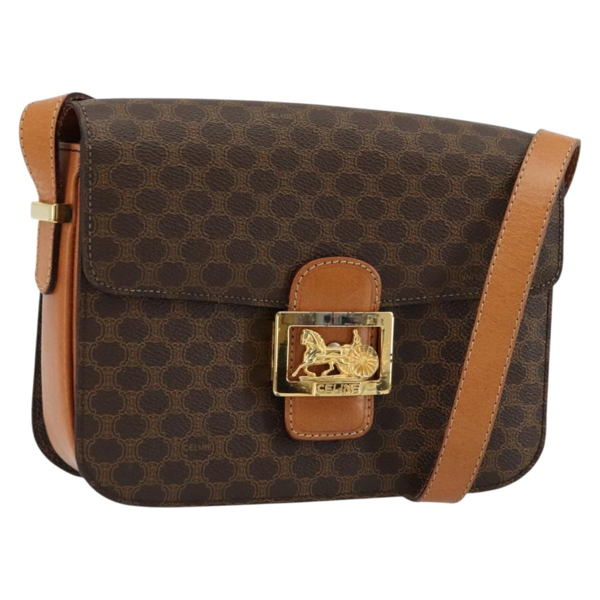 CELINE Macadam Canvas Horse Carriage Bag PVC Leather Brown Gold Auth 177195A