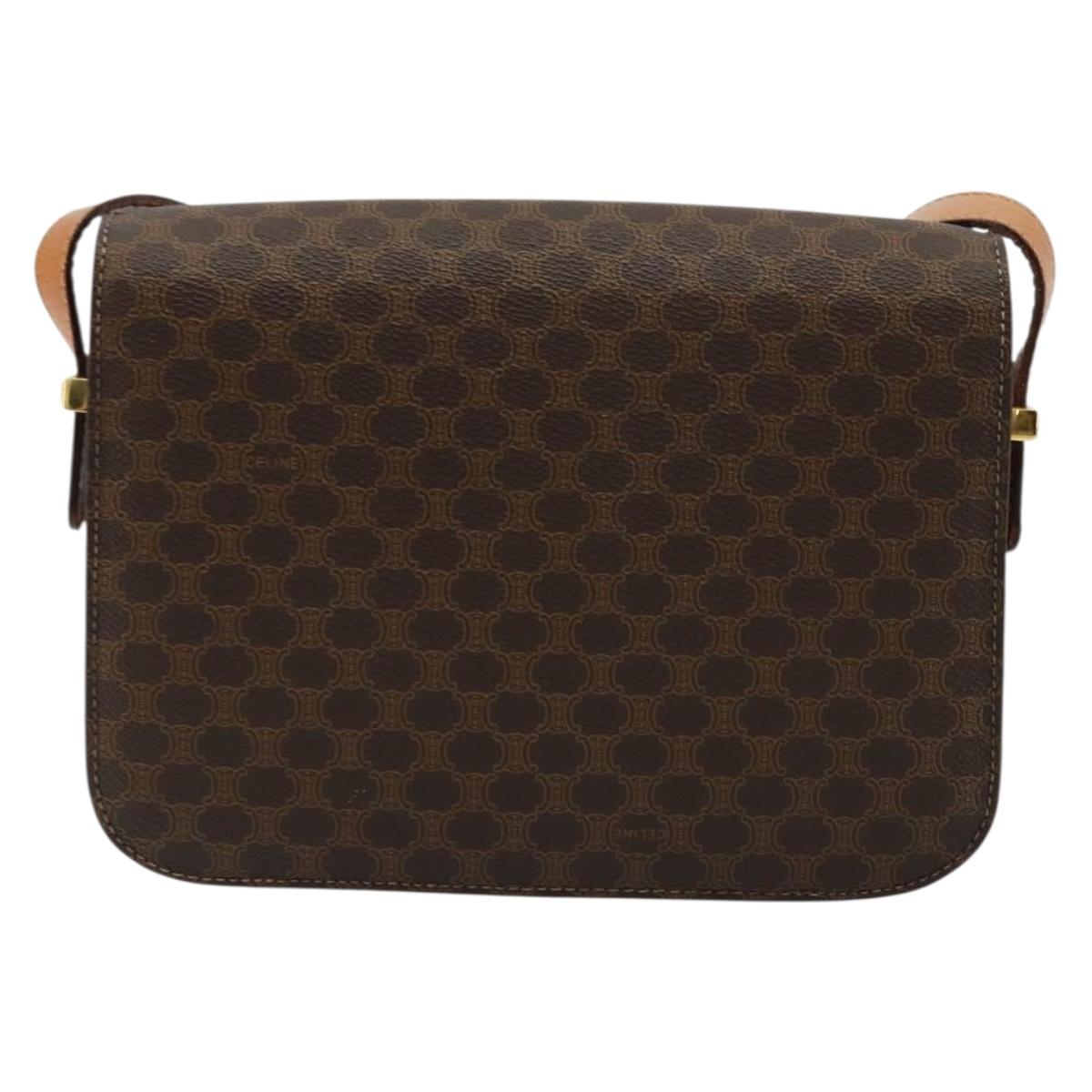 CELINE Macadam Canvas Horse Carriage Bag PVC Leather Brown Gold Auth 177195A