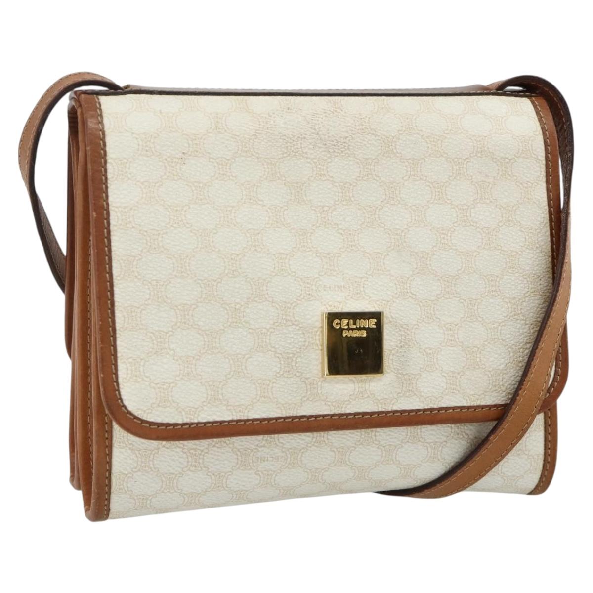 CELINE Macadam Canvas Shoulder Bag PVC Leather White Gold Auth 177197
