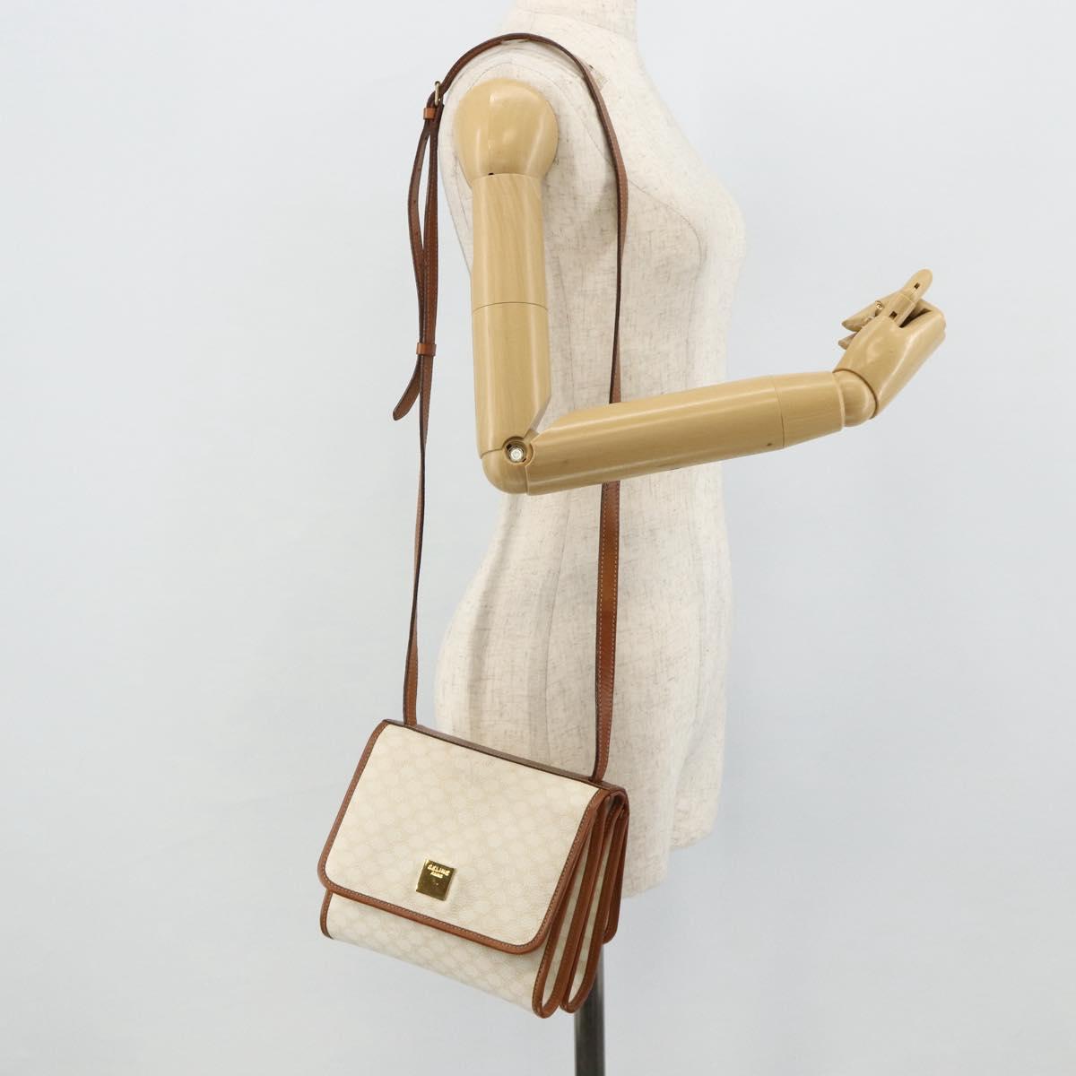 CELINE Macadam Canvas Shoulder Bag PVC Leather White Gold Auth 177197