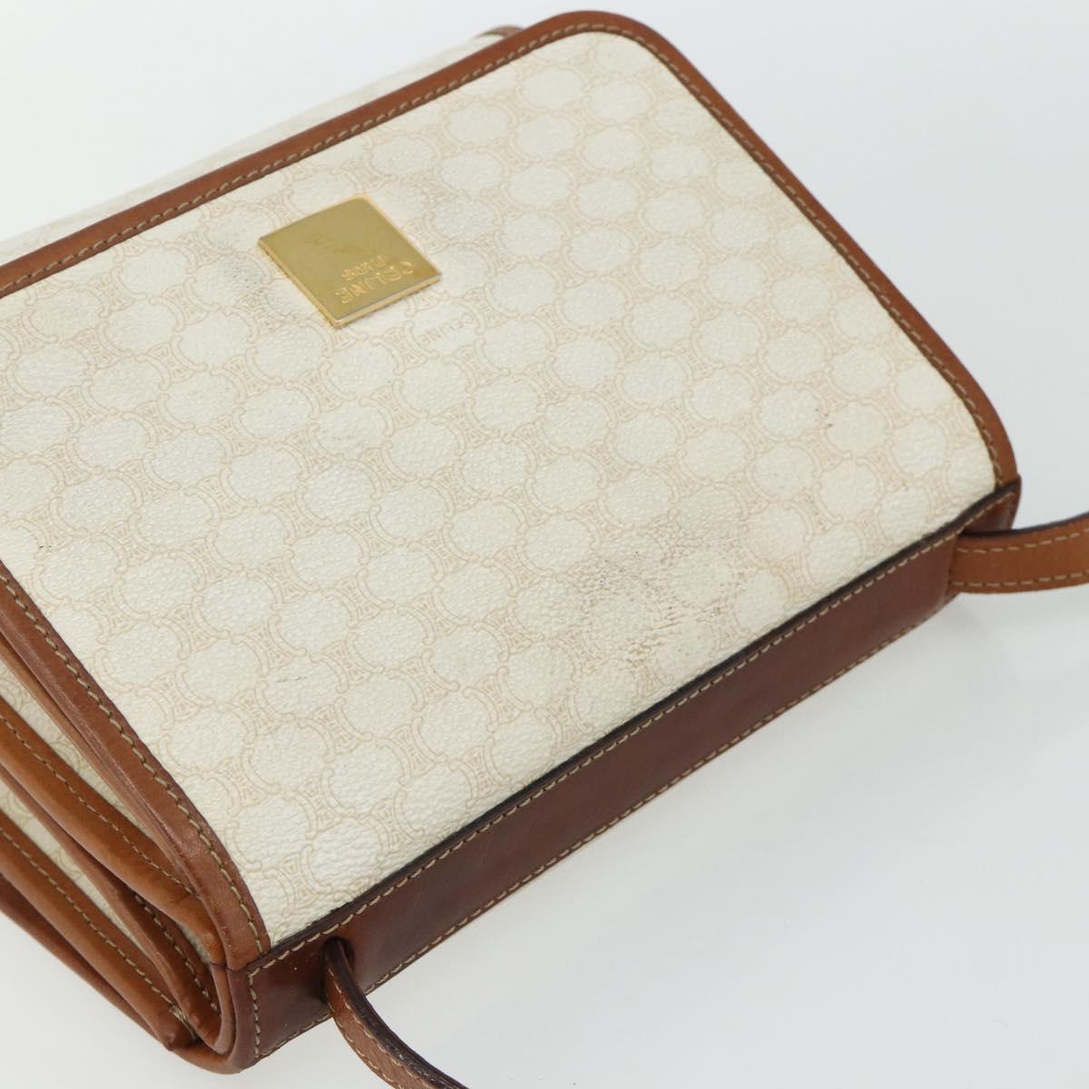 CELINE Macadam Canvas Shoulder Bag PVC Leather White Gold Auth 177197