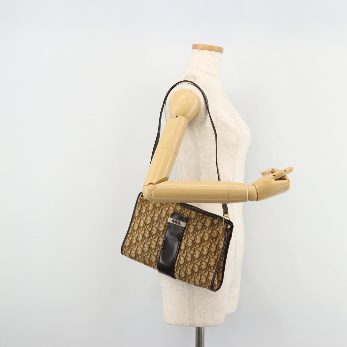 Christian Dior Trotter Canvas Shoulder Bag Beige Gold Auth 177208