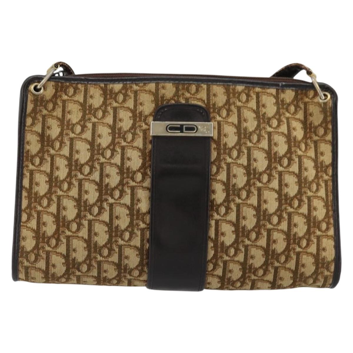 Christian Dior Trotter Canvas Shoulder Bag Beige Gold Auth 177208
