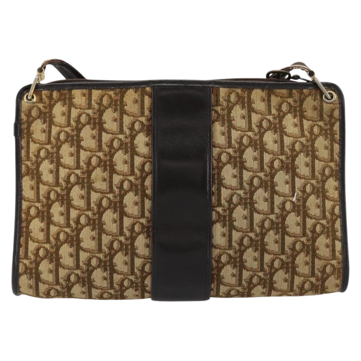 Christian Dior Trotter Canvas Shoulder Bag Beige Gold Auth 177208