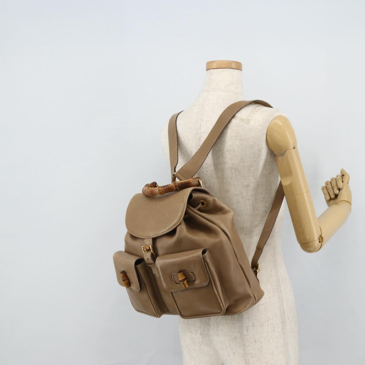 GUCCI Bamboo Backpack Leather Beige Gold 003 1998 0016 Auth 177214