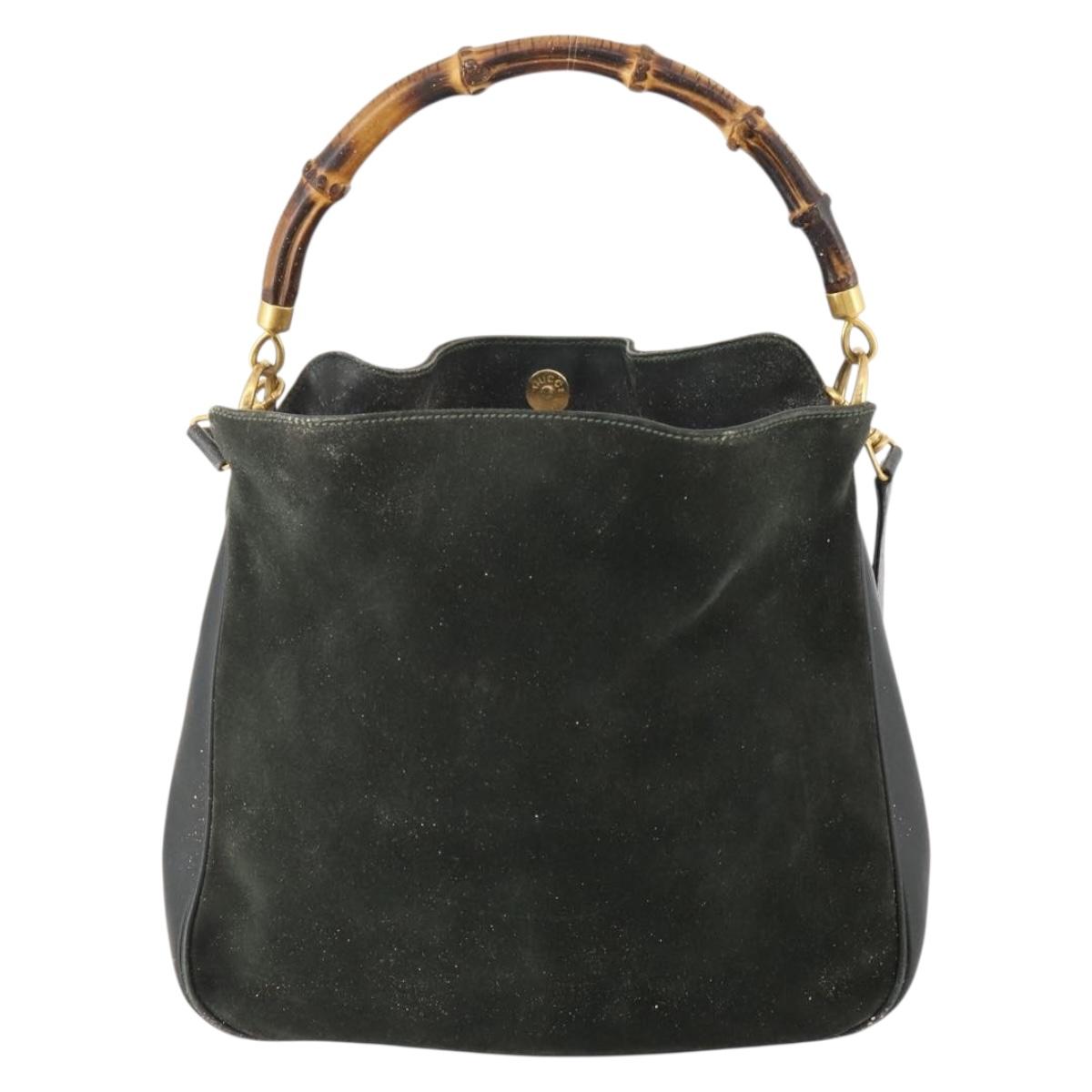 GUCCI Bamboo Shoulder Bag Suede 2way Black Gold 001 1705 1638 Auth 177216