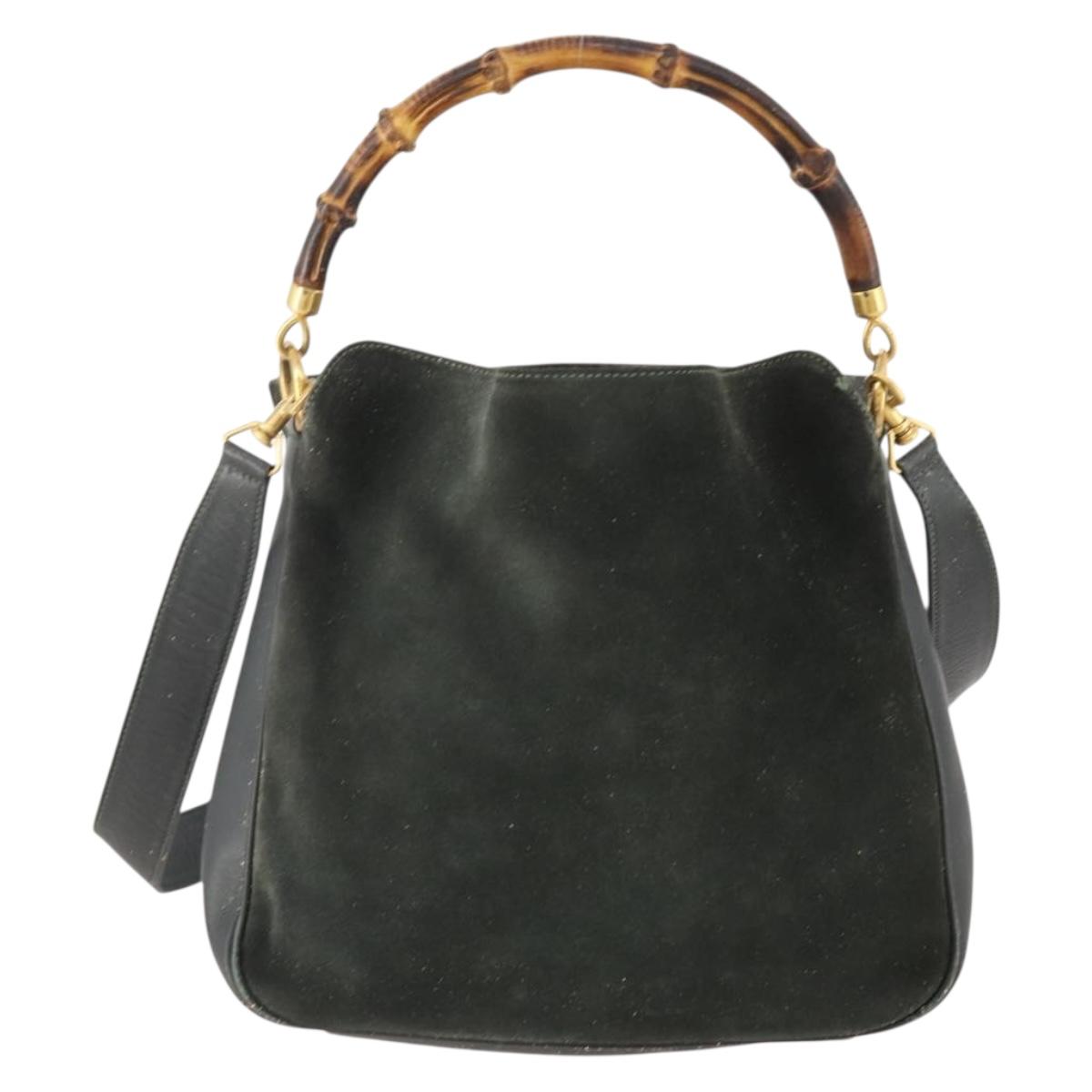 GUCCI Bamboo Shoulder Bag Suede 2way Black Gold 001 1705 1638 Auth 177216