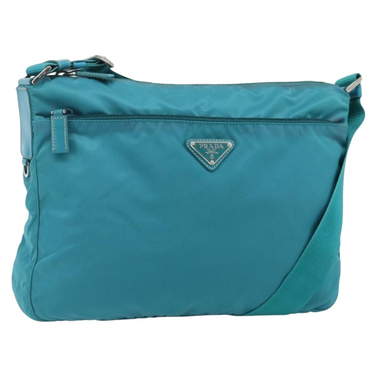PRADA Shoulder Bag Nylon Turquoise Blue Silver Auth 177218A