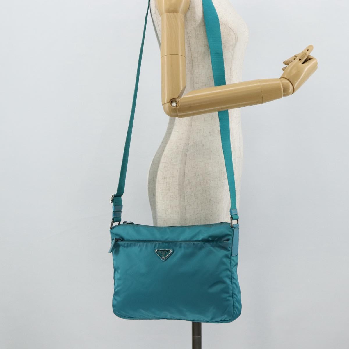 PRADA Shoulder Bag Nylon Turquoise Blue Silver Auth 177218A