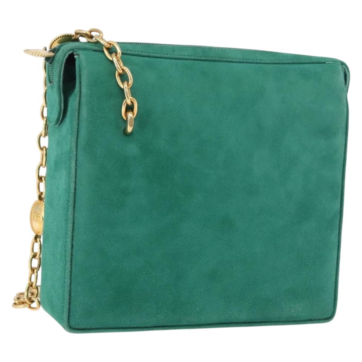 Christian Dior Chain Shoulder Bag Suede Green Gold Auth 177237A