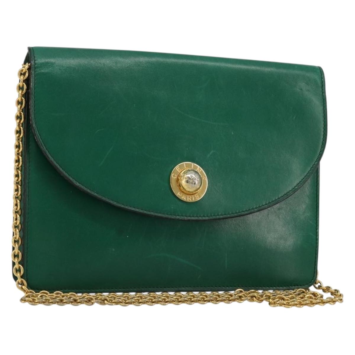 CELINE Chain Shoulder Bag Leather Green Gold Auth 177238A