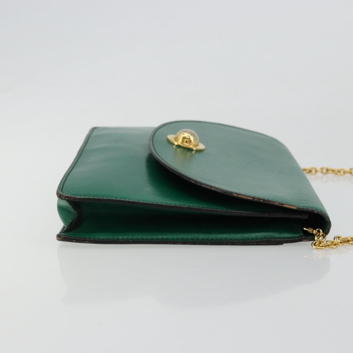 CELINE Chain Shoulder Bag Leather Green Gold Auth 177238A