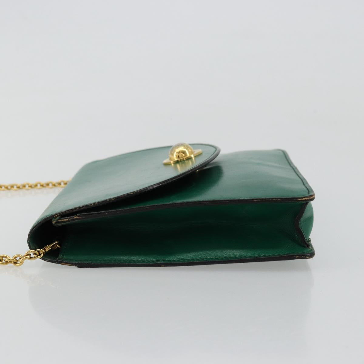 CELINE Chain Shoulder Bag Leather Green Gold Auth 177238A