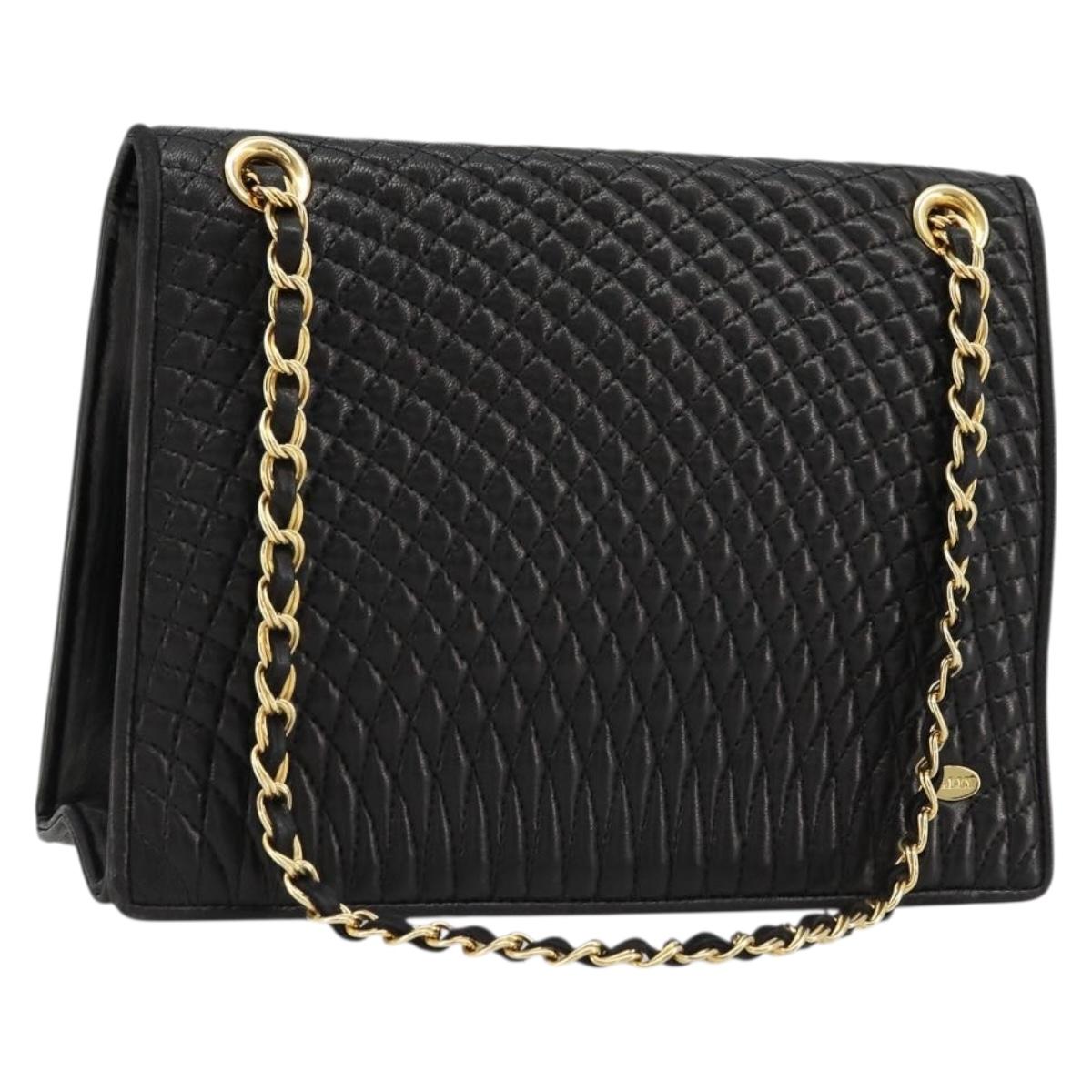 BALLY Chain Shoulder Bag Leather Black Gold Auth 177239A