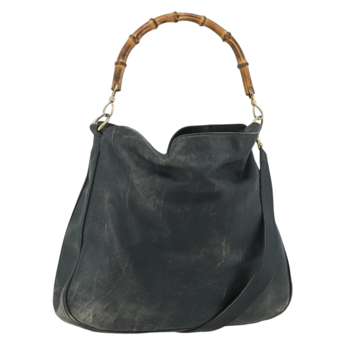 GUCCI Bamboo Shoulder Bag Leather 2way Black Gold Auth 177243