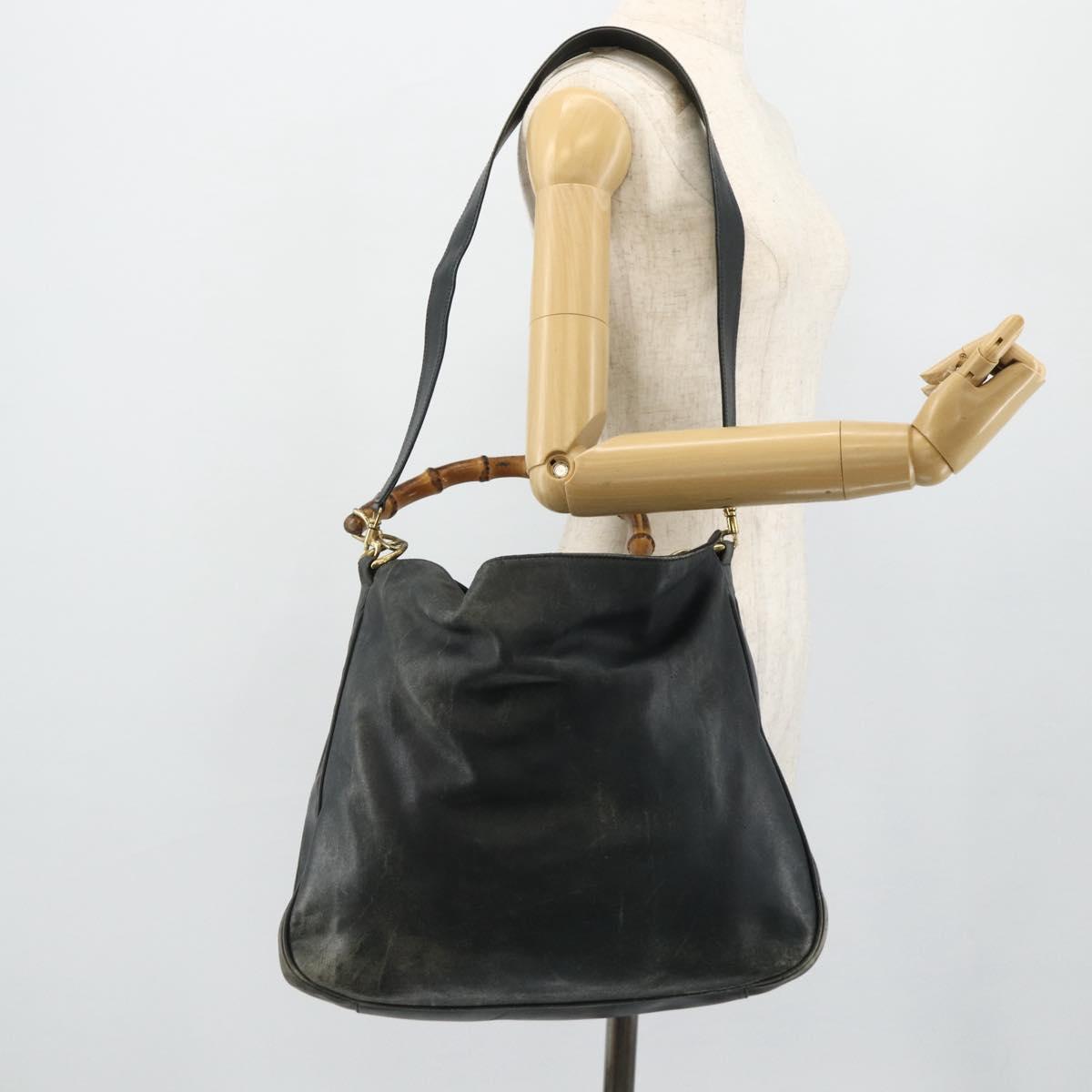 GUCCI Bamboo Shoulder Bag Leather 2way Black Gold Auth 177243
