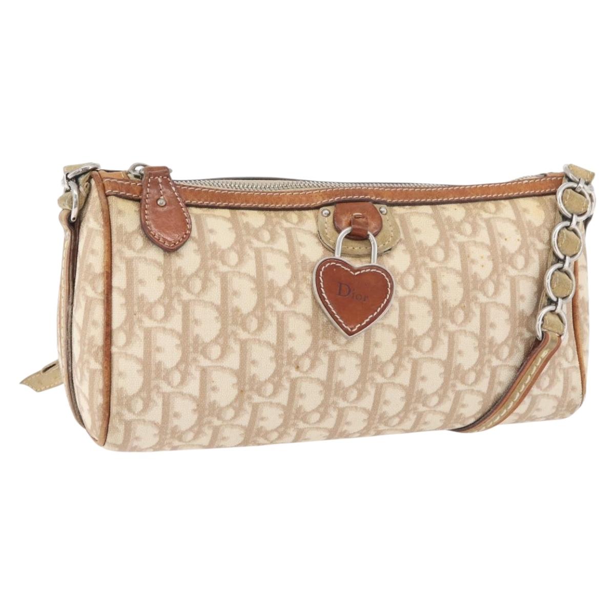 Christian Dior Trotter Canvas Romantic Shoulder Bag PVC Beige Silver Auth 177266