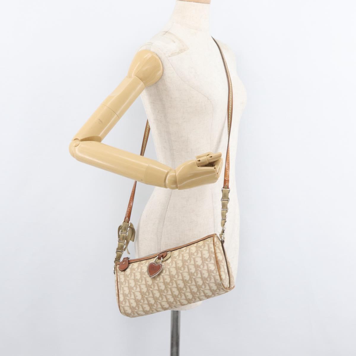 Christian Dior Trotter Canvas Romantic Shoulder Bag PVC Beige Silver Auth 177266