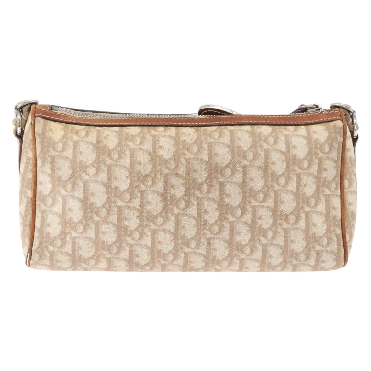 Christian Dior Trotter Canvas Romantic Shoulder Bag PVC Beige Silver Auth 177266