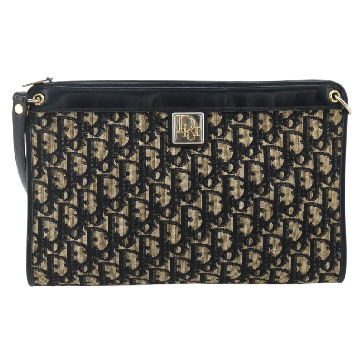 Christian Dior Trotter Canvas Shoulder Bag Navy Gold Auth 177267A