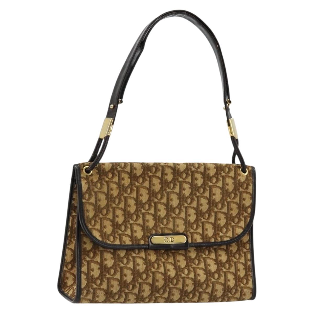 Christian Dior Trotter Canvas Shoulder Bag Beige Gold Auth 177276A