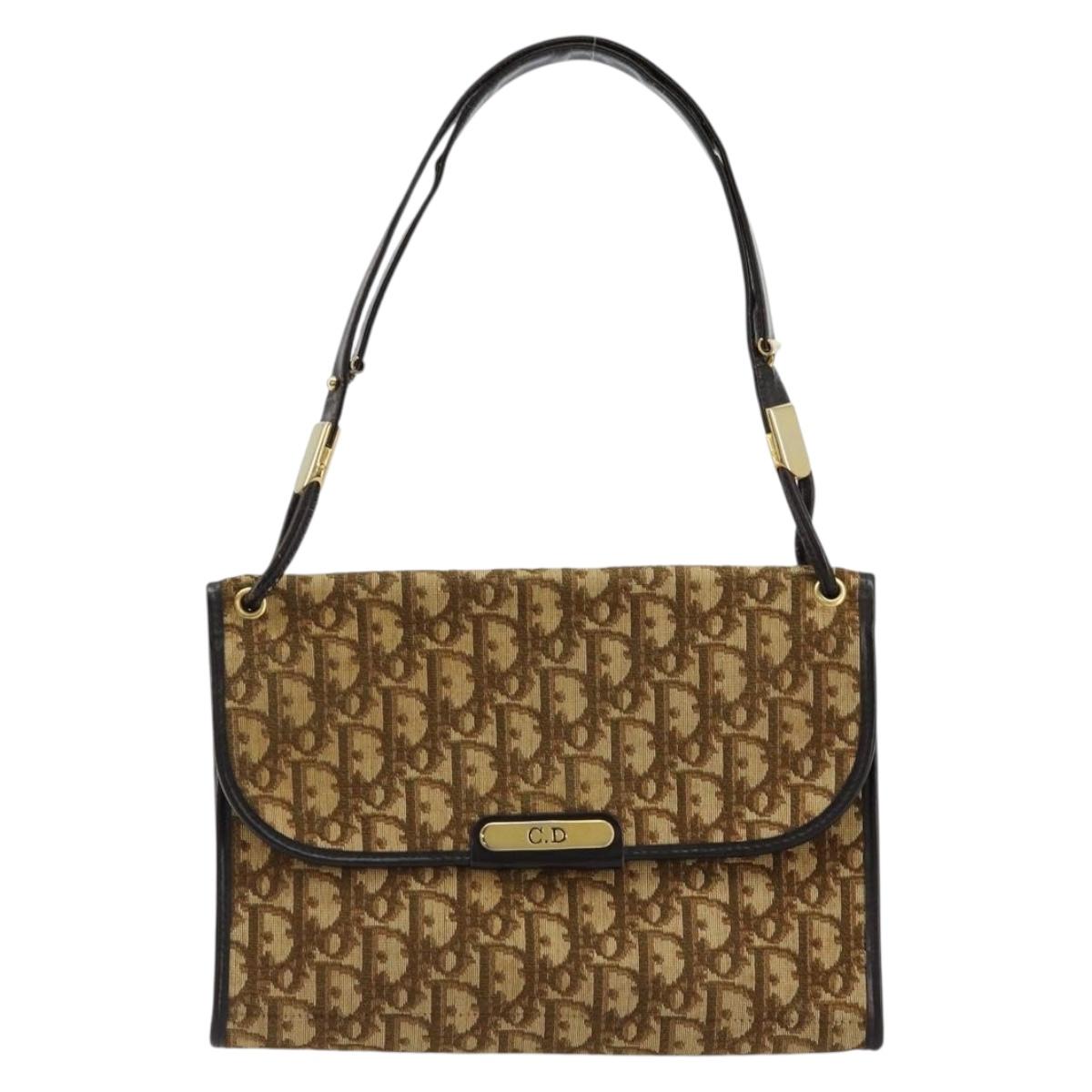 Christian Dior Trotter Canvas Shoulder Bag Beige Gold Auth 177276A