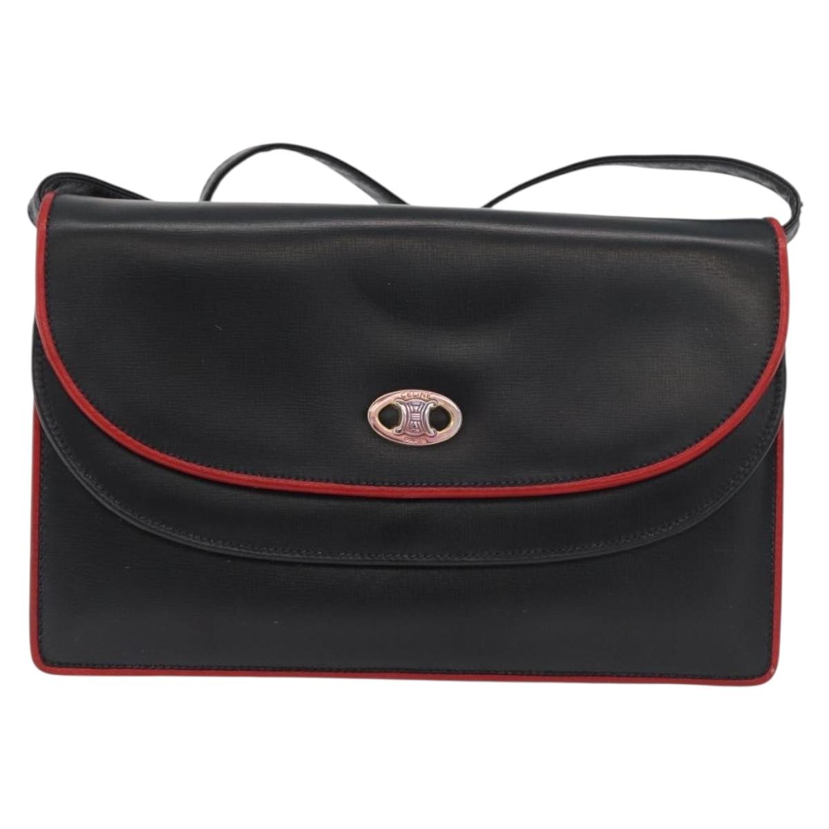 CELINE Double Flap Shoulder Bag Leather Black Gold Auth 177277A