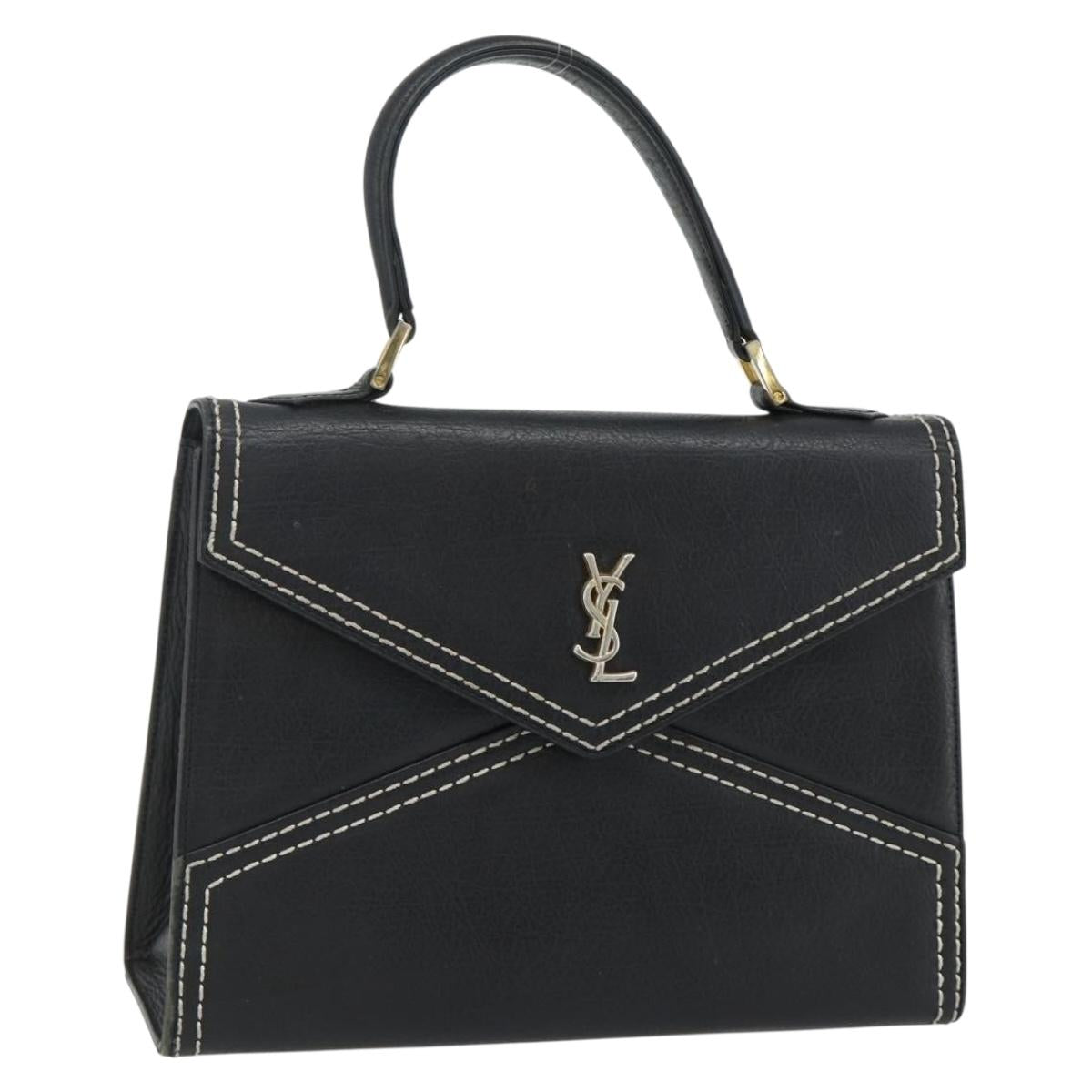 SAINT LAURENT Hand Bag Leather Black Gold Auth 177280A