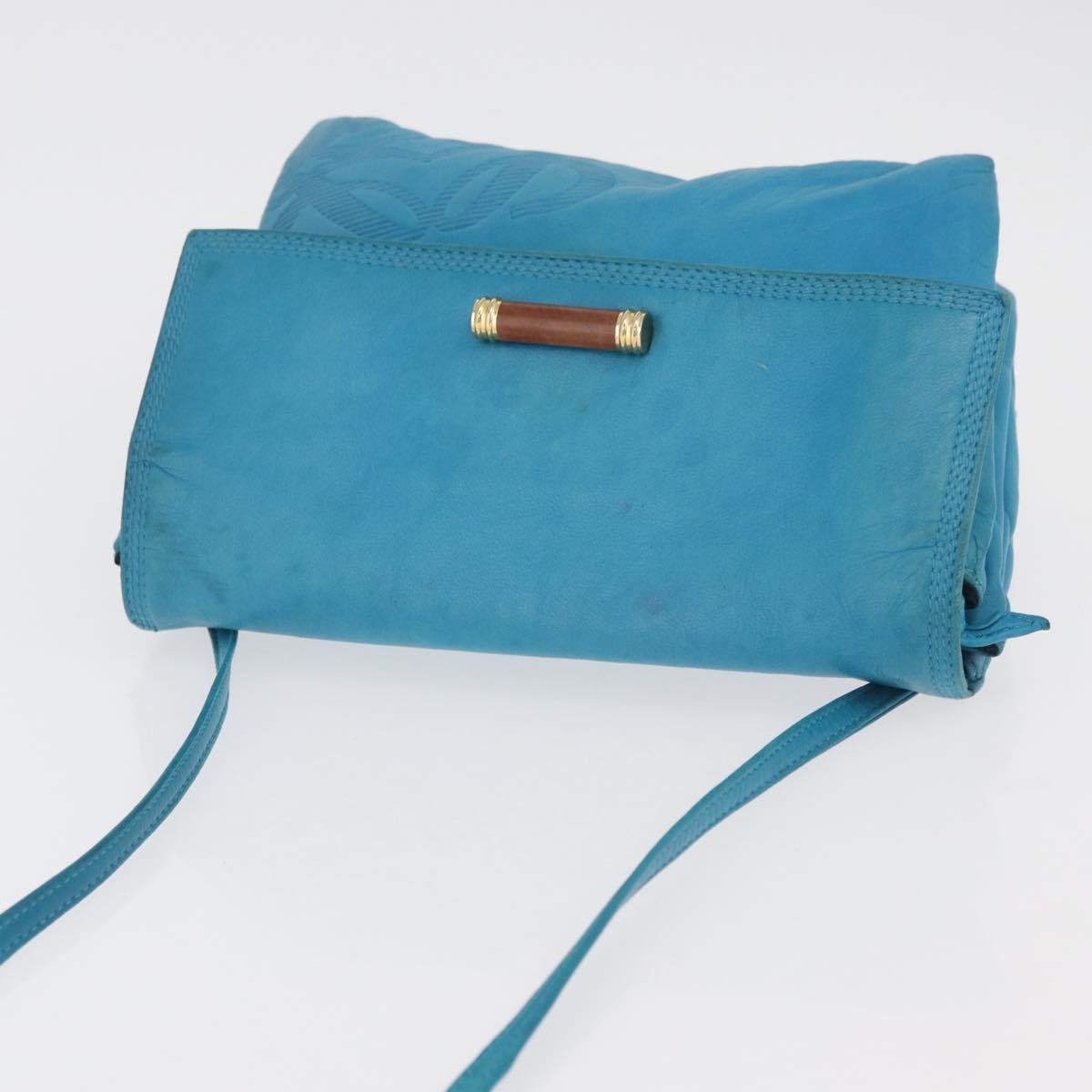 LOEWE Anagram Shoulder Bag Leather Turquoise Blue Gold Auth 177303