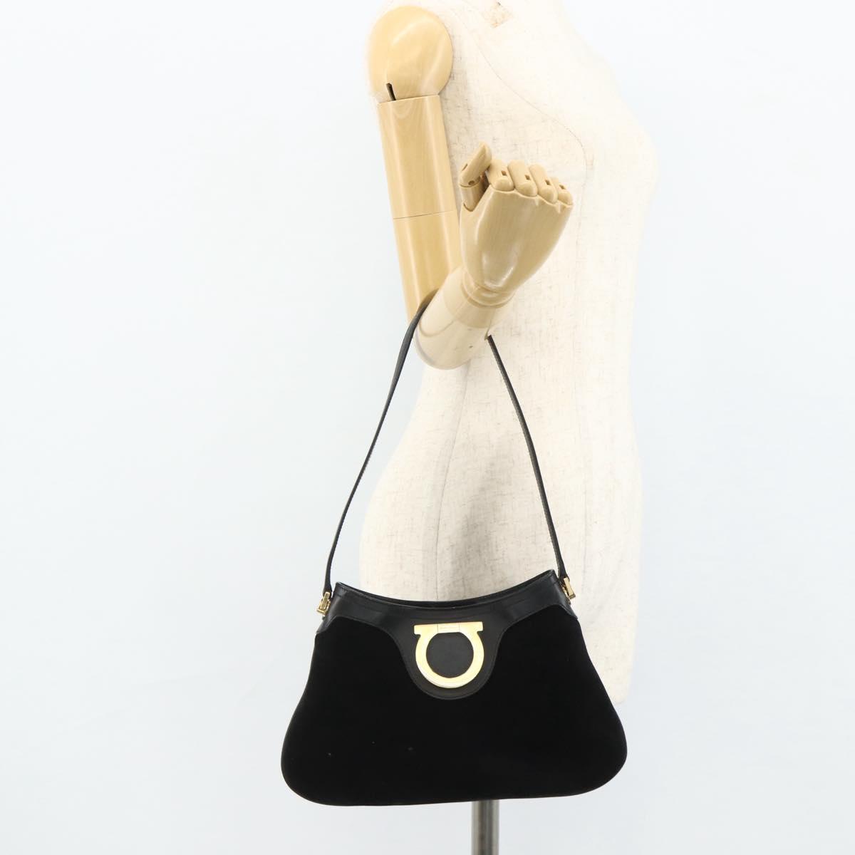 Salvatore Ferragamo Gancini Shoulder Bag Suede Black Gold Auth 177304A